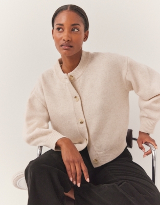 Wool Boxy Cardigan with Blouson Sleeves