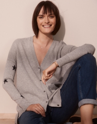 white company grey cardigan