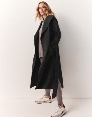 Relaxed wool blend robe coat with belt - Black