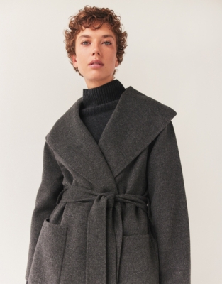 Wool Double Faced Belted Coat - Dark Charcoal Marl