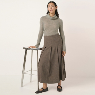 Wool Flannel Side Button Box Pleated Midi Skirt