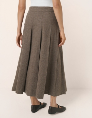 Wool Flannel Side Button Box Pleated Midi Skirt