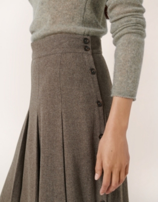 Wool Flannel Side Button Box Pleated Midi Skirt