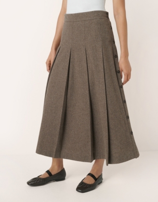 Wool Flannel Side Button Box Pleated Midi Skirt