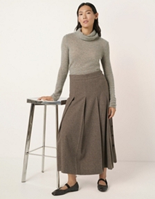 Wool Flannel Side Button Box Pleated Midi Skirt