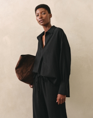 Wool-Viscose Gauze Relaxed Popover Shirt