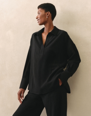 Wool-Viscose Gauze Relaxed Popover Shirt