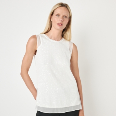Woven Trim Sleeveless Sequin Top