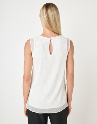 Woven Trim Sleeveless Sequin Top