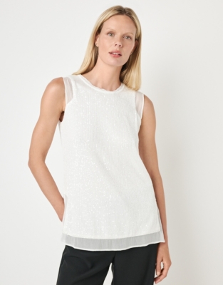 Woven Trim Sleeveless Sequin Top