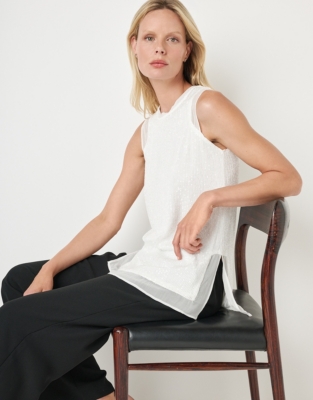 Woven Trim Sleeveless Sequin Top